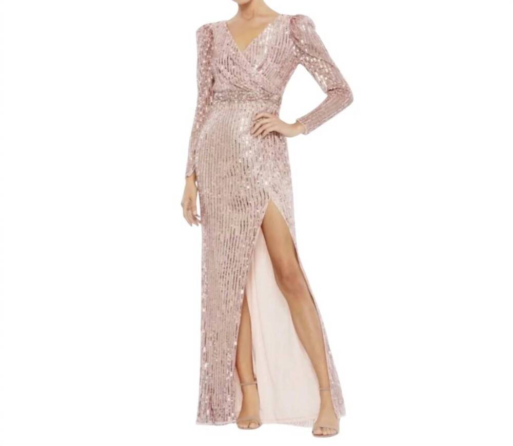 NEW MAC DUGGAL women's sequin puff sleeve gown in rose pink